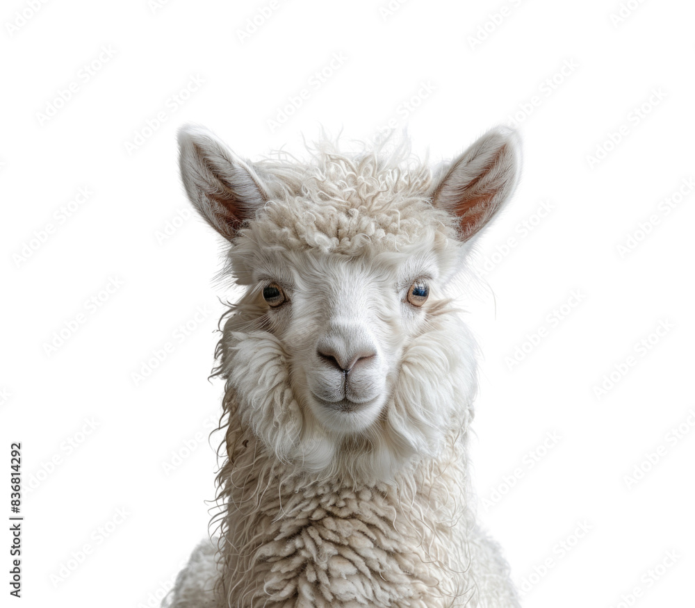 Obraz premium A white llama with a fluffy face and blue eyes