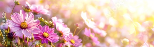 Beautiful cosmos flowers in the garden with a blurred background  a spring floral landscape banner  a panoramic view  spring meadow flower field