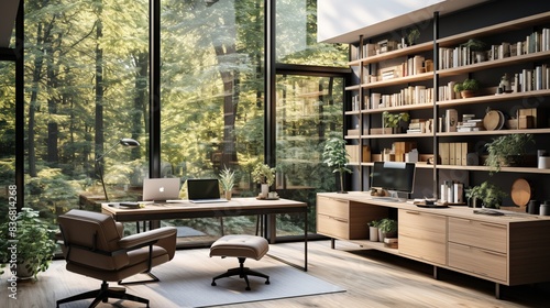 A contemporary home office with a large desk, ergonomic chair, and plenty of natural light 