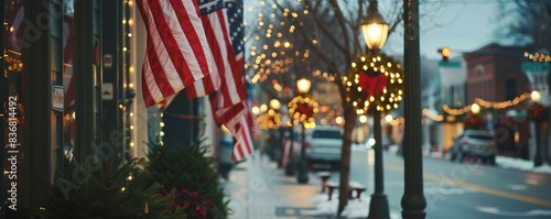 A series of United States flag banners hanging from lamp posts along a main street, with festive decorations and lights.