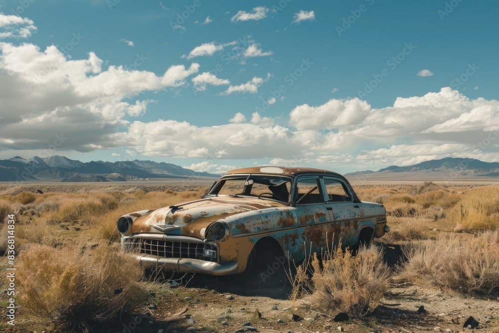 Rusty old car deserted among golden desert grasses with mountains and clouds in the background Rusty old car deserted among golden desert grasses with mountains and clouds in the background