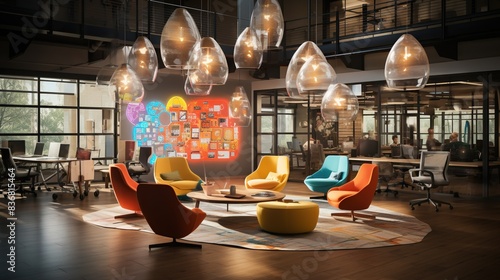 A creative brainstorming space with colorful bean bag chairs and writable walls, fostering collaboration and innovation in a relaxed and informal setting  photo