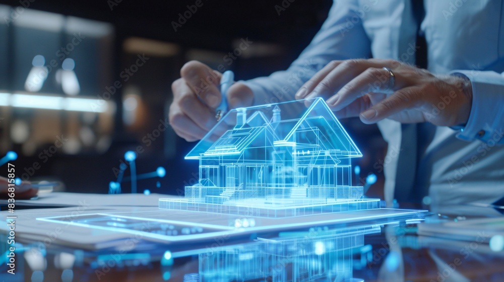 Futuristic business scene in a real estate agency with a 3D holographic house model on a table, agents signing contracts and demonstrating features, set against a blurry background Futuristic business scene in a real estate agency with a 3D holographic house model on a table, agents signing contracts and demonstrating features, set against a blurry background