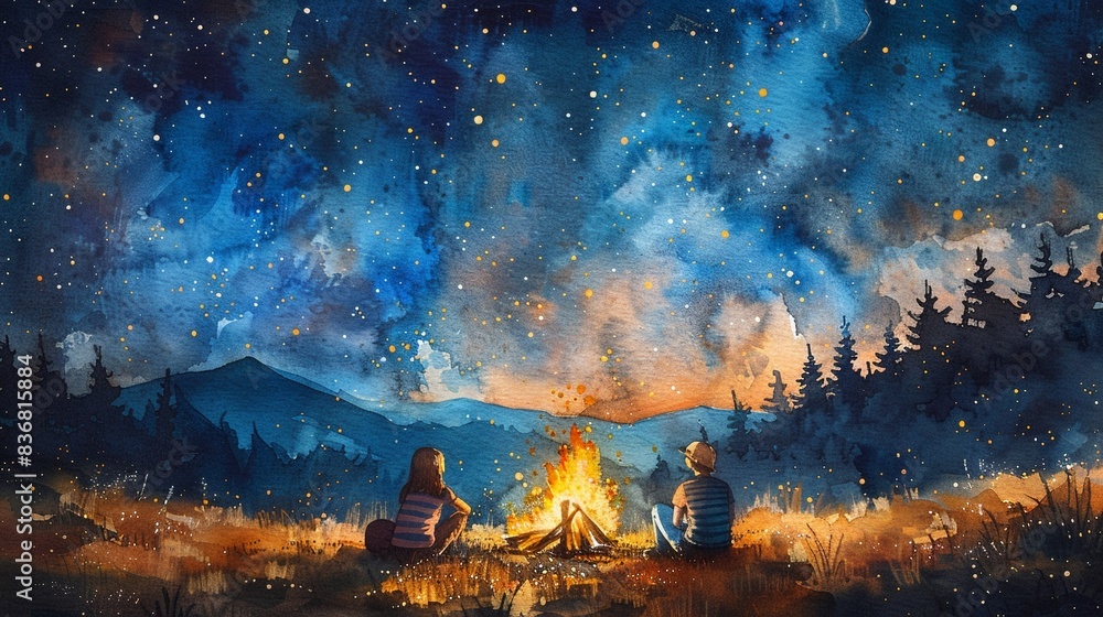 Fototapeta premium Friends camping under a watercolor starry sky, sitting by a bonfire and roasting marshmallows, Watercolor, Soft, Cozy