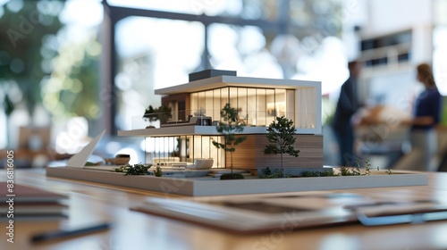 Advanced real estate office featuring a concept 3D render model of a house on a table, agents engaged in signing mortgage contracts and explanations, background intentionally blurred