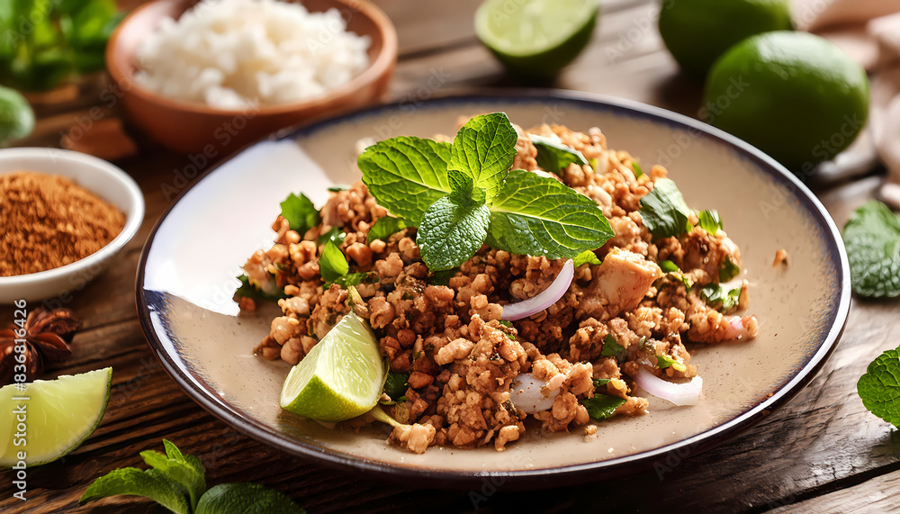 savory plate of larb with minced chicken savory plate of larb with minced chicken