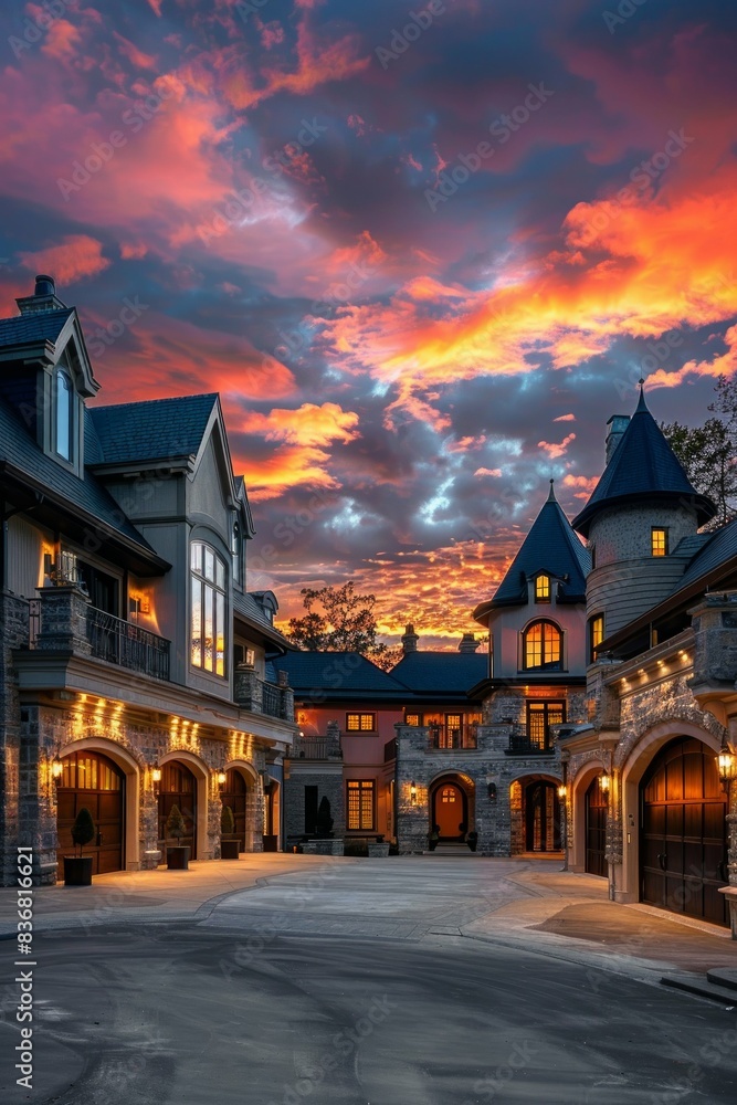 Fototapeta premium Stunning luxury home exterior at sunset with colorful sky and expansive driveway