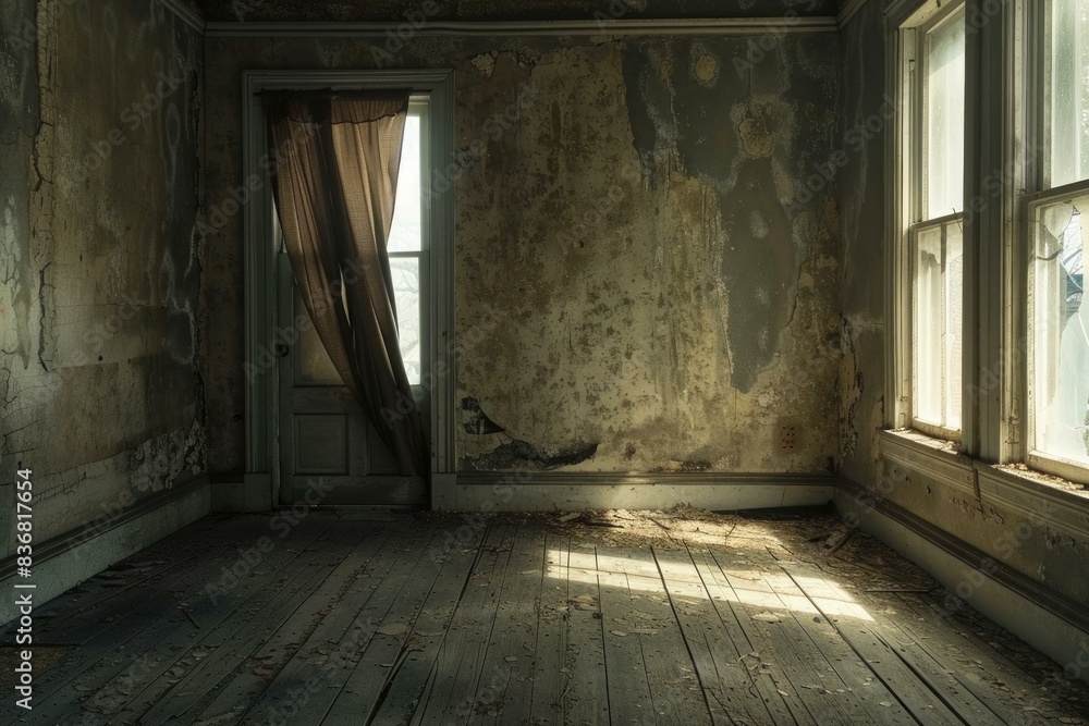 Stark room with weathered walls reflects the passage of time as sunlight filters in, evoking a sense of forgotten history Stark room with weathered walls reflects the passage of time as sunlight filters in, evoking a sense of forgotten history