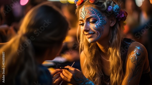 A festival-goer creating intricate face paint designs inspired by the music and lights of the event  photo