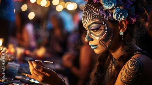 A festival-goer creating intricate face paint designs inspired by the music and lights of the event  photo