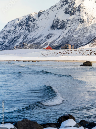 beach by the snow mountains