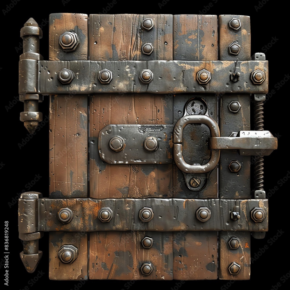 Rustic wooden door with metal hinges and lock, showcasing vintage craftsmanship. Perfect for historical, fantasy, or artistic content. Rustic wooden door with metal hinges and lock, showcasing vintage craftsmanship. Perfect for historical, fantasy, or artistic content.