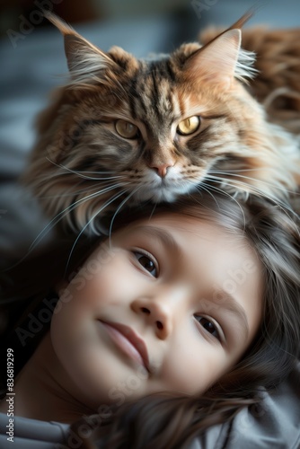 Indoor photo from a little girl with her cute maine coon cat  at home