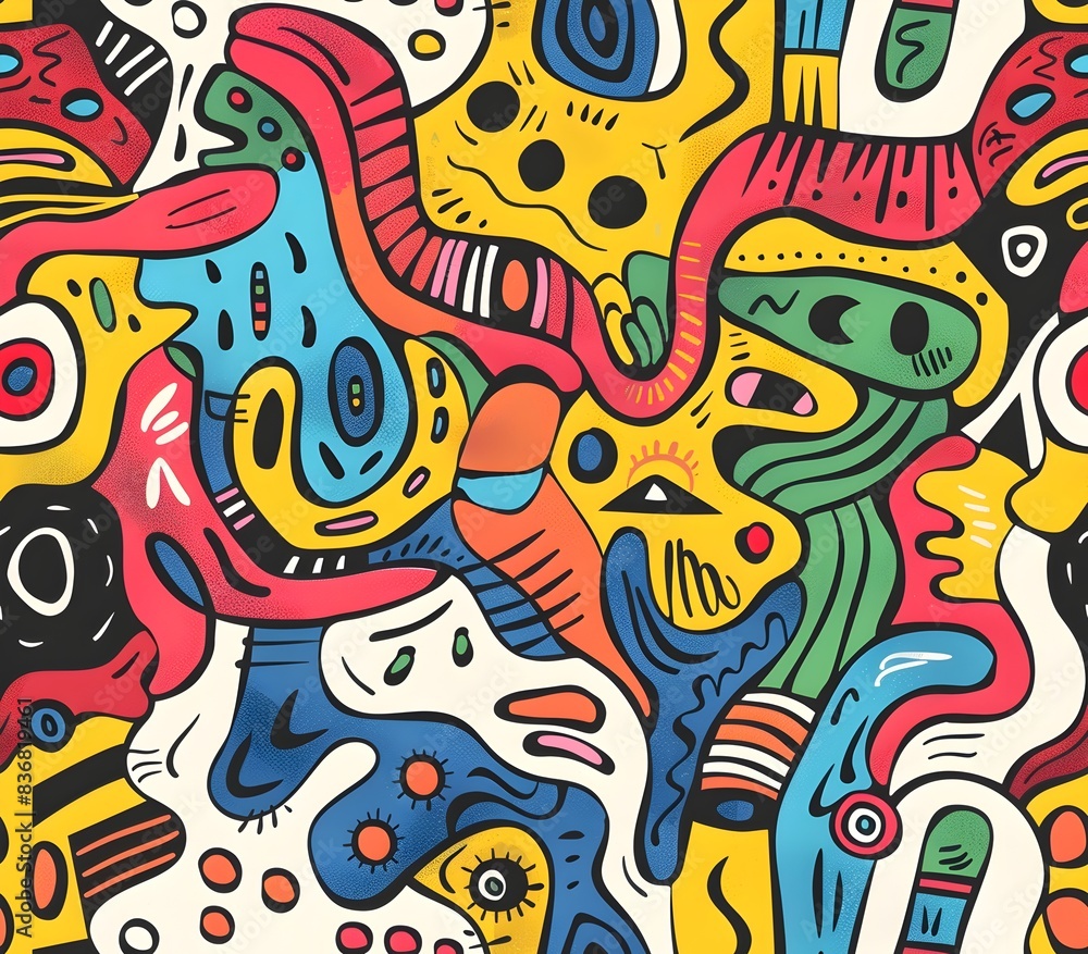 Vibrant Cartoonish Seamless Pattern of Playful Doodle Style Shapes in Bright Cheerful Colors Vibrant Cartoonish Seamless Pattern of Playful Doodle Style Shapes in Bright Cheerful Colors