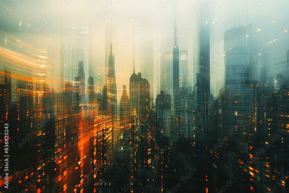 Artistic motion blur of a city skyline, merging lights and buildings into a dynamic backdrop Artistic motion blur of a city skyline, merging lights and buildings into a dynamic backdrop