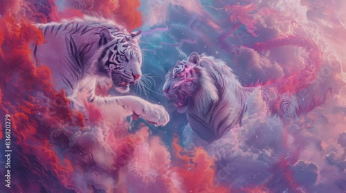 two tigers and a dragon against a colored sky . seamless looping time-lapse virtual video Animation Background. photo