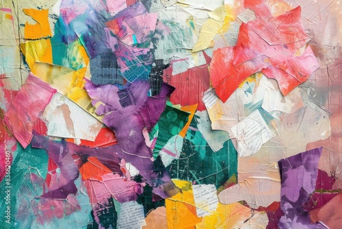 Vibrant mixed media canvas with dynamic layers of paint and collage textures