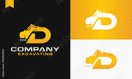 excavator letter D logo design excavating vector template illustration