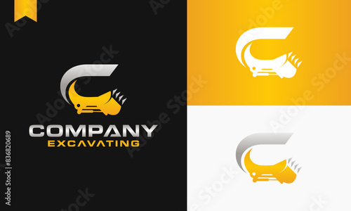 excavator letter C logo design excavating vector template illustration