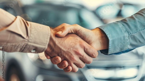 buyer of the car shaking hands with the seller in the auto dealership. Portrait of handshake of business people having car at the background. © Samady Sat 