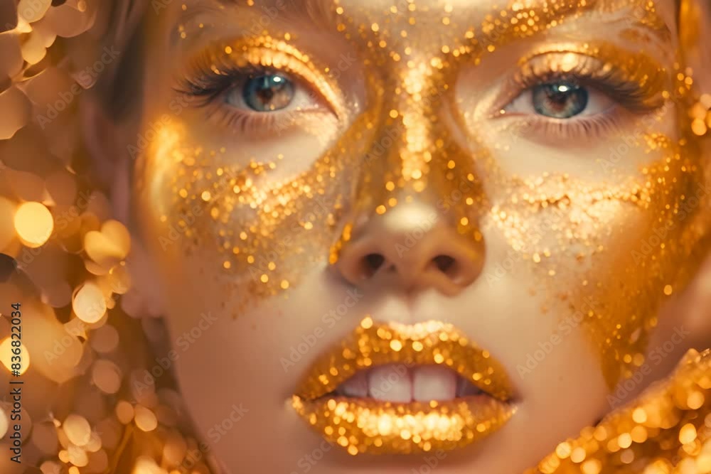 Golden Lips, Face Portrait, Shining Bronze Woman Face on Black Background, Glamour Shiny Professional Makeup on Model Girl, Beauty Gold Metallic Body, Generative AI Illustration Golden Lips, Face Portrait, Shining Bronze Woman Face on Black Background, Glamour Shiny Professional Makeup on Model Girl, Beauty Gold Metallic Body, Generative AI Illustration