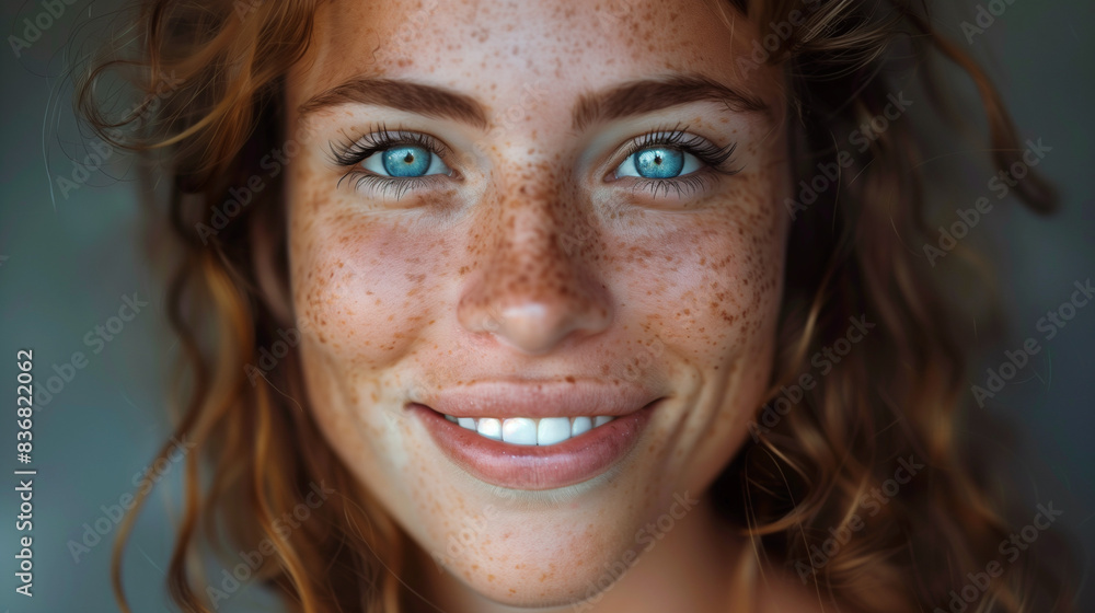 Smiling freckled woman with blue eyes and red hair. Smiling freckled woman with blue eyes and red hair.