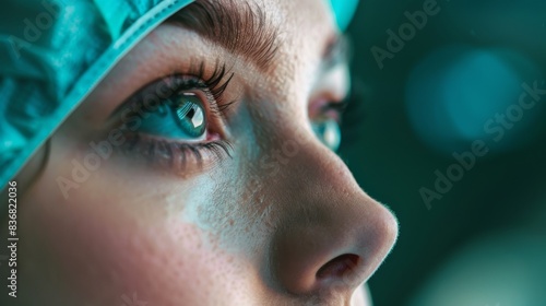 A woman with blue eyes is looking at the camera