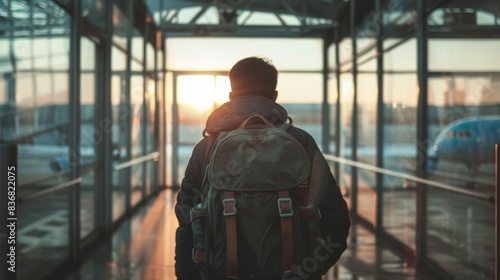 A man wearing a backpack is walking through an airport terminal