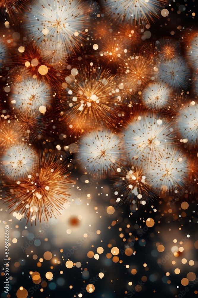 Fototapeta premium Festive fireworks display with vibrant orange and white bursts illuminating the night sky, creating a magical celebration atmosphere.