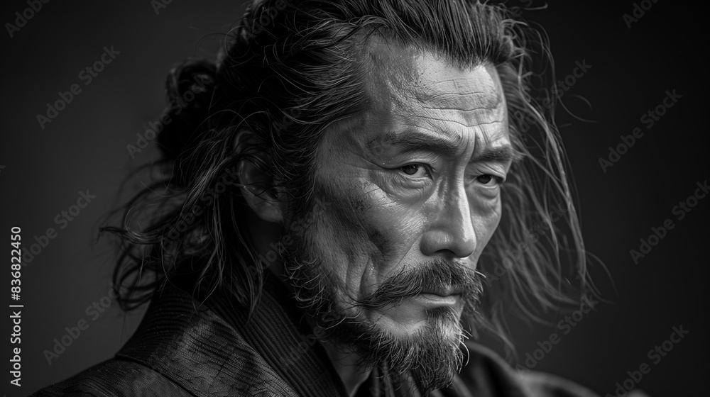 Fototapeta premium Black and White Intense Portrait of Miyamoto Musashi with Focused Expression
