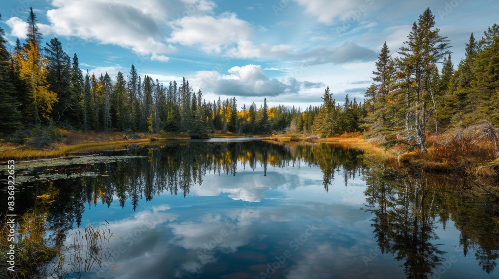 Fototapeta premium A serene lake surrounded by trees with a cloudy sky in the background