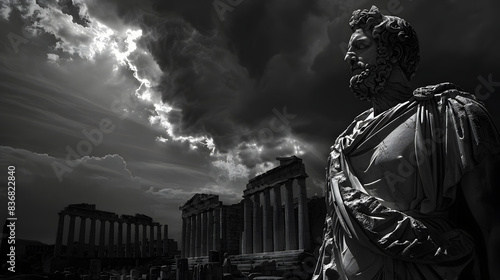 Greek sculpture of an old stoic man, roman god statue, black and white