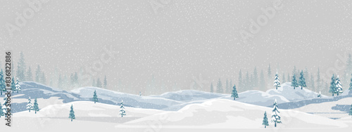Christmas Background,Seamless Pattern panoramic Winter Village Landscape blue sky with snow on forest pine tree on moutains,Vector Xmas horizon banner Winter wonderland forest,New Year 2025 .