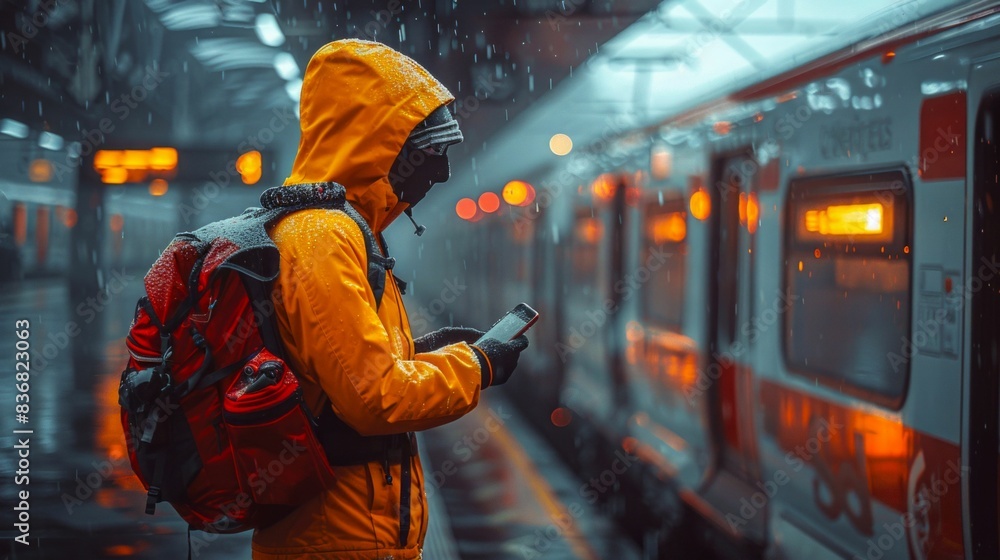Obraz premium Traveler in Yellow Jacket Waiting for Train on Rainy Day. Generative ai