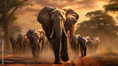 A herd of elephants trekking across the savanna, with dust kicking up under their feet  photo