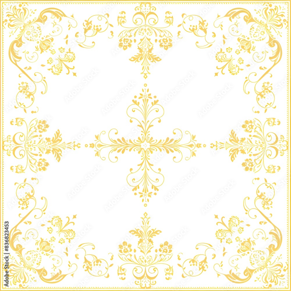 A gold and white patterned square with a diamond in the center. The diamond is surrounded by a floral design A gold and white patterned square with a diamond in the center. The diamond is surrounded by a floral design