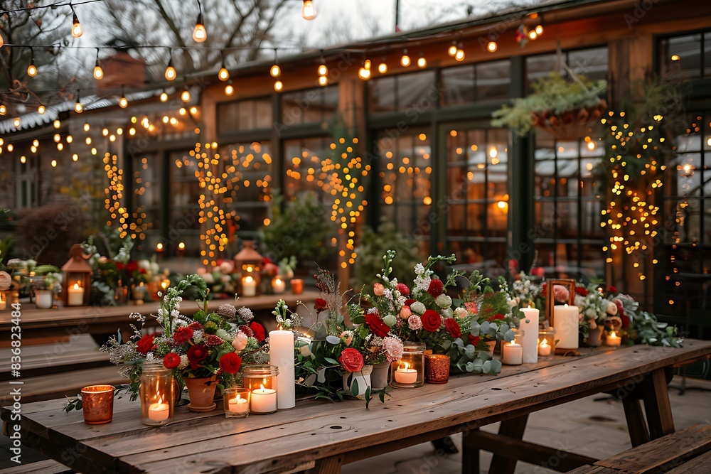 Wedding r table setting. hall decoration with a lot of string lights and candles. festive table decor on the terrace Wedding r table setting. hall decoration with a lot of string lights and candles. festive table decor on the terrace