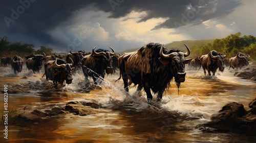 A herd of wildebeest crossing a river during migration, with crocodiles lurking below 
