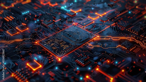 Technology hologram drawing over computer on the desktop background  Top view  Double exposure  Tech concept Abstract background electronic printed circuit board  with connection line and dot element 