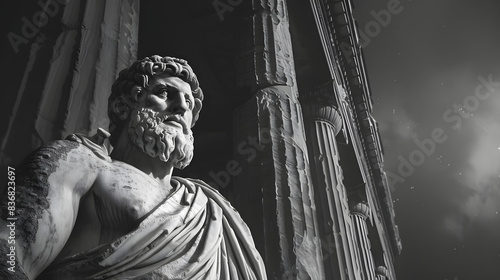 Greek sculpture of an old stoic man, roman god statue, black and white