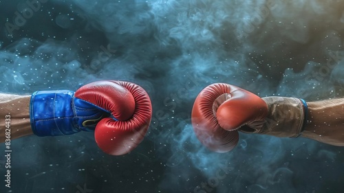 Close-up of two boxing gloves colliding, creating a dramatic impact with smoke and particles, representing strength and competition. photo