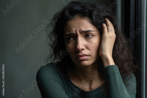 Stressed young hispanic woman suffering from negative thoughts