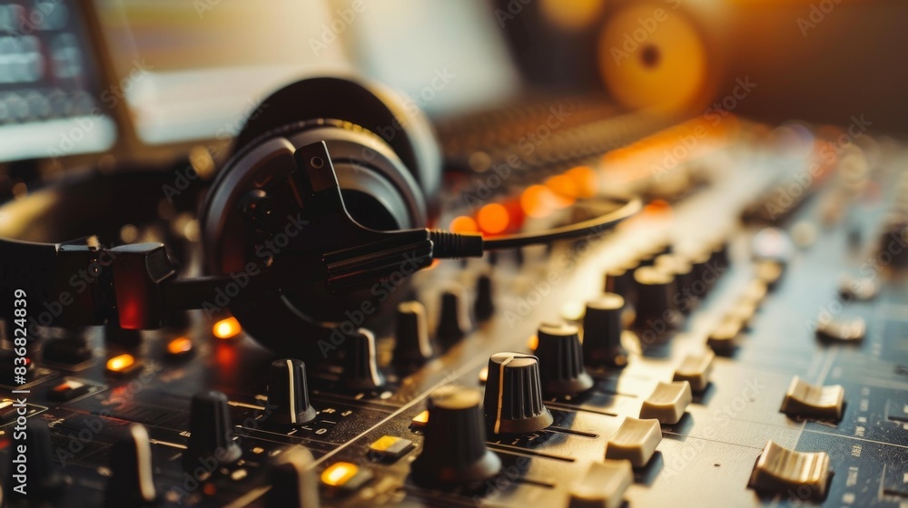 Naklejka premium A black headset sits on a sound board with a number of knobs and buttons