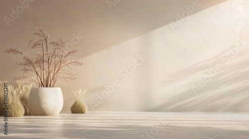 serene floor and wall background with soft, muted colors and minimalist decor for a calm and soothing promotion ad. photo