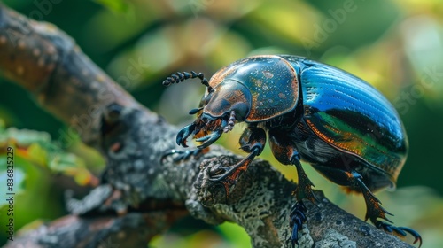 A large blue and brown beetle is perched on a branch photo