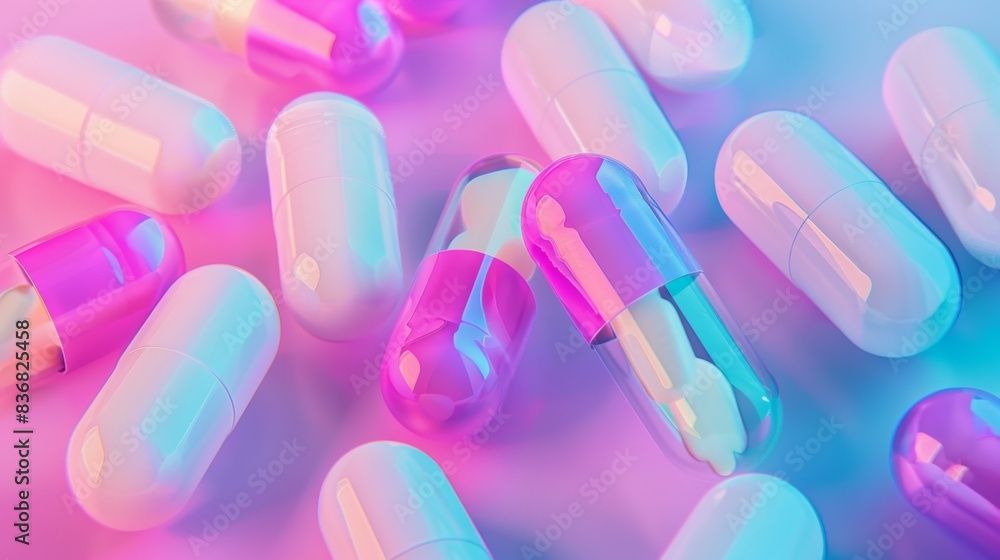 A bunch of pills are shown in a colorful, neon light A bunch of pills are shown in a colorful, neon light