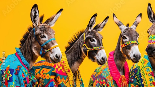 Group of four donkeys wearing colorful sweaters and headbands posing against a vibrant yellow background inspiring whimsical charm.