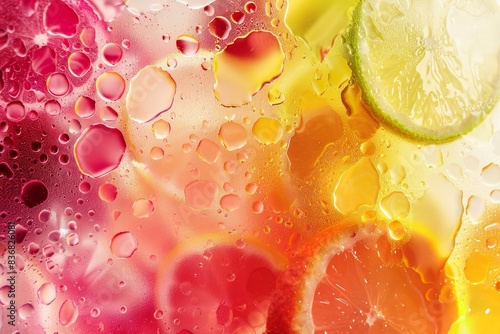 Colorful closeup of oil droplets on water with citrus fruit slices creating a vibrant abstract background