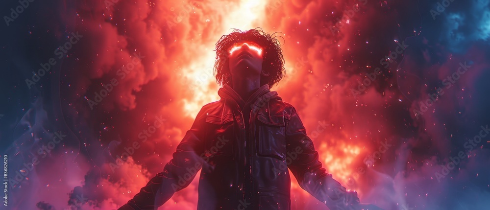 3D Illustration of a Character with Glowing Eyes Facing Dramatic Fiery Sky, Symbolizing Strength and Transformation 3D Illustration of a Character with Glowing Eyes Facing Dramatic Fiery Sky, Symbolizing Strength and Transformation