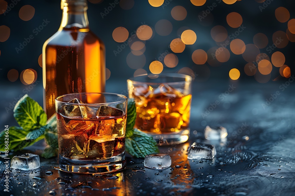 Whiskey with ice cubes in glass and bottle on table, space for text Whiskey with ice cubes in glass and bottle on table, space for text